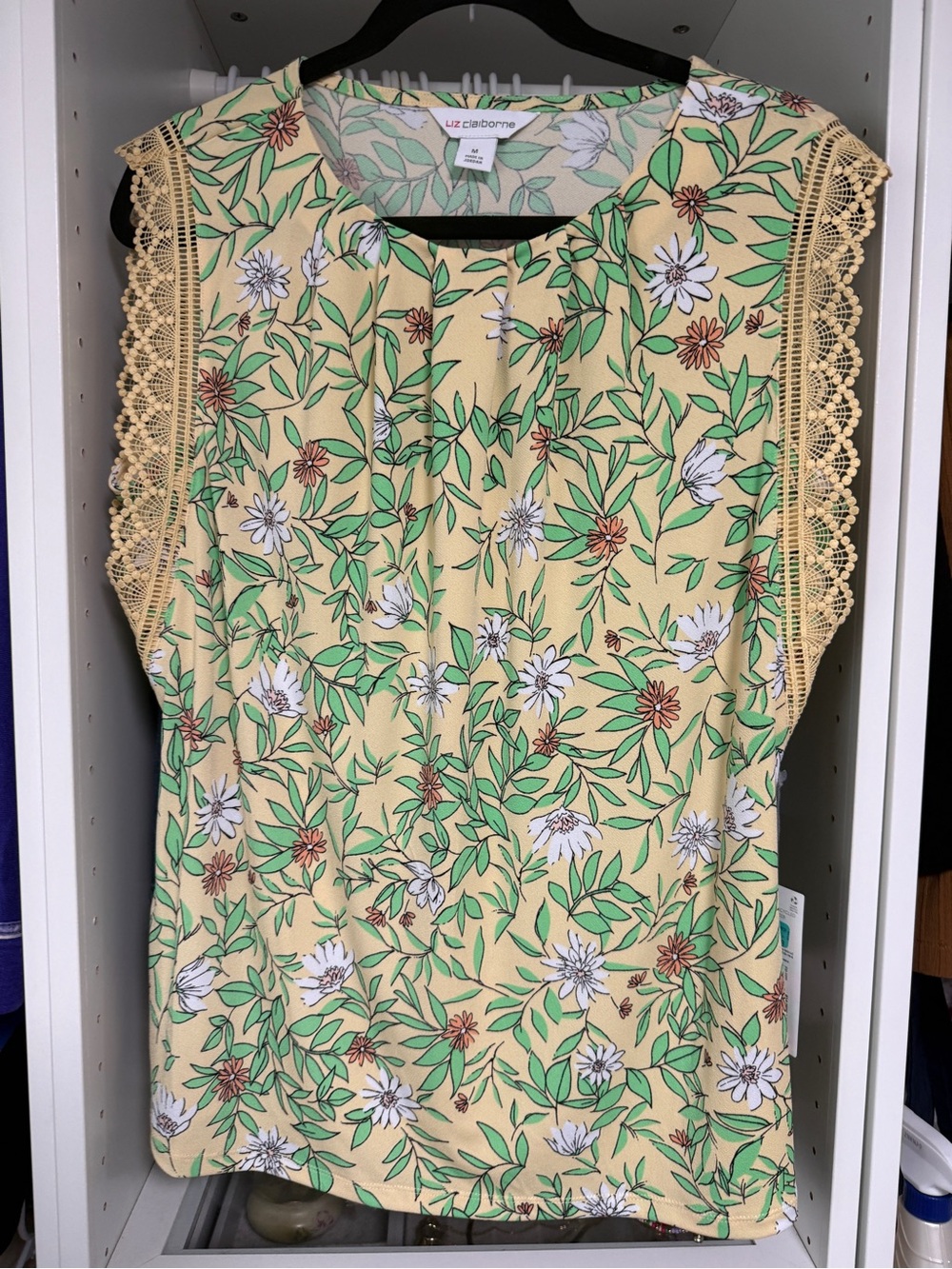 Liz Claiborne Yellow Floral Lace-Trim Sleeveless Blouse